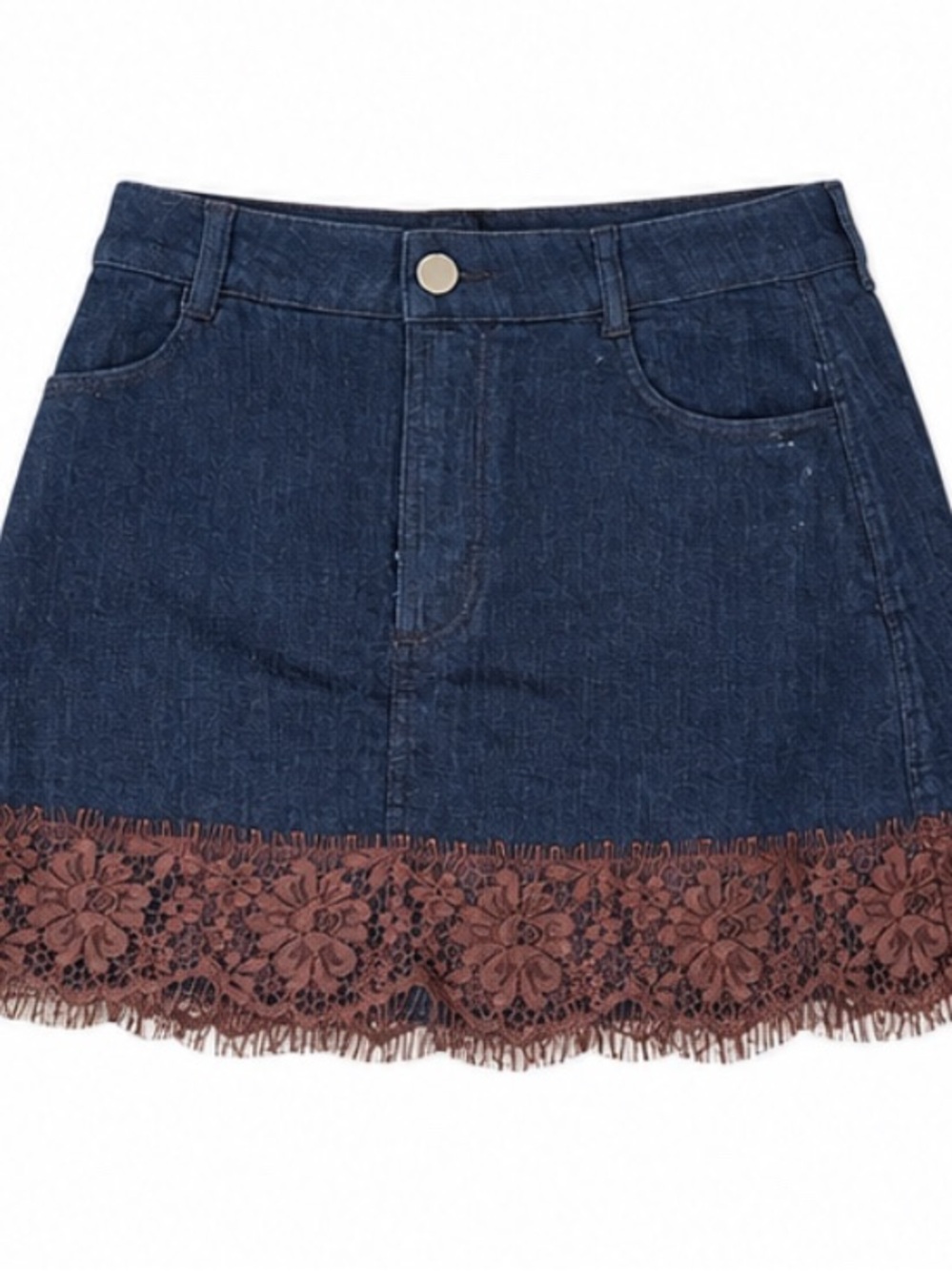 Abercrombie & Fitch Dark Blue Denim Mini Skirt with Brown Lace Hem